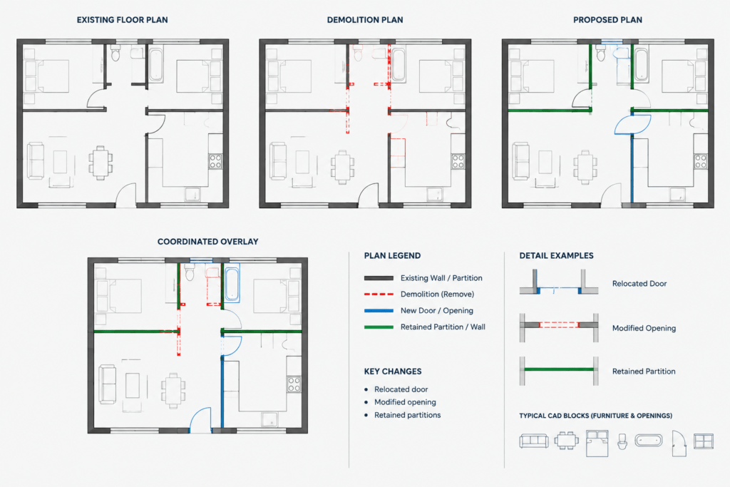 How to Draft Existing, Demolition, and New Work Plans in CAD architectural CAD illustration