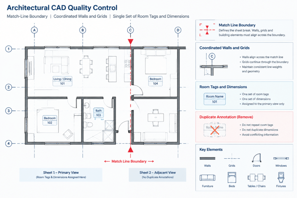 How to Draft Match Lines and Coordinate Split Floor Plans in CAD architectural CAD illustration