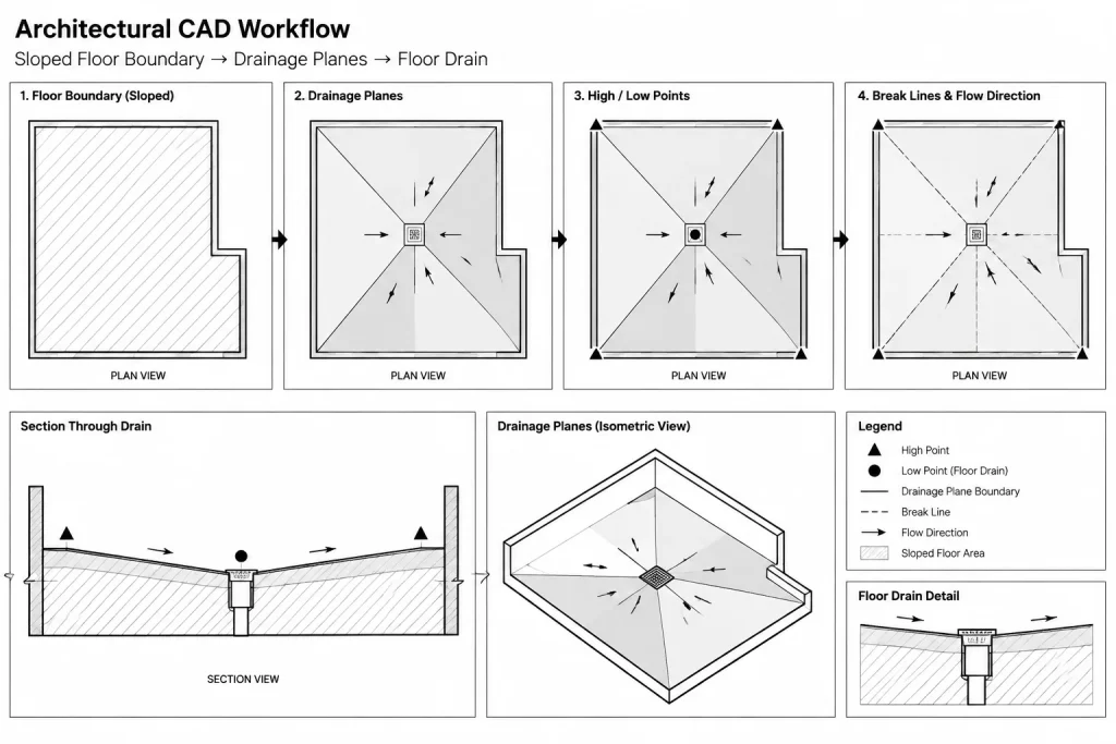 How to Draft Sloped Floors and Drainage in Architectural CAD architectural CAD illustration