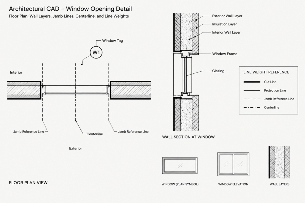 How to Draft Windows in Plan, Elevation, and Section in Architectural CAD architectural CAD illustration