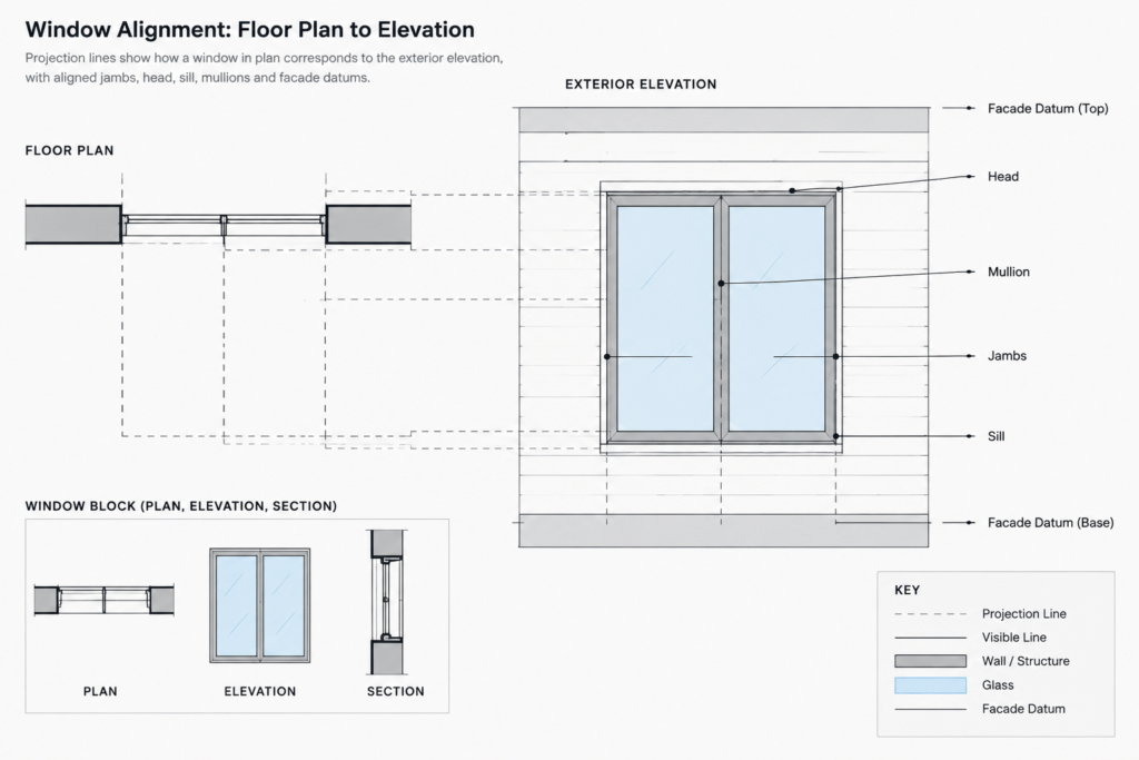 How to Draft Windows in Plan, Elevation, and Section in Architectural CAD architectural CAD illustration