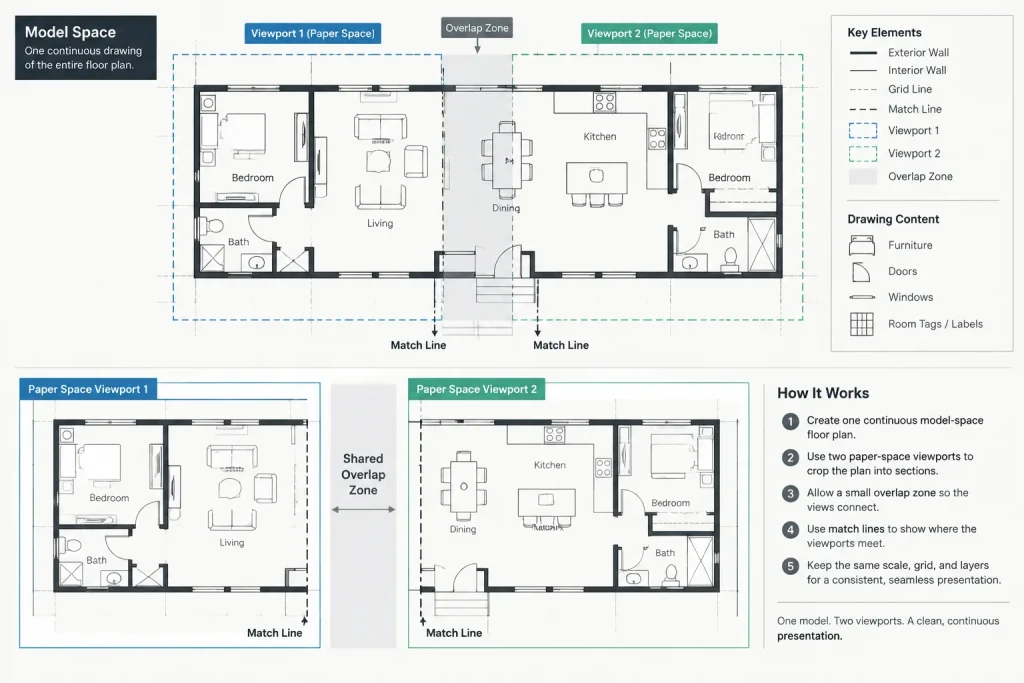 How to Split Large Floor Plans Across Sheets with Match Lines in Architectural CAD architectural CAD illustration
