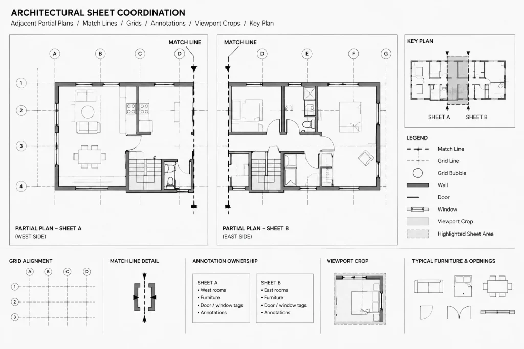 How to Split Large Floor Plans Across Sheets with Match Lines in Architectural CAD architectural CAD illustration