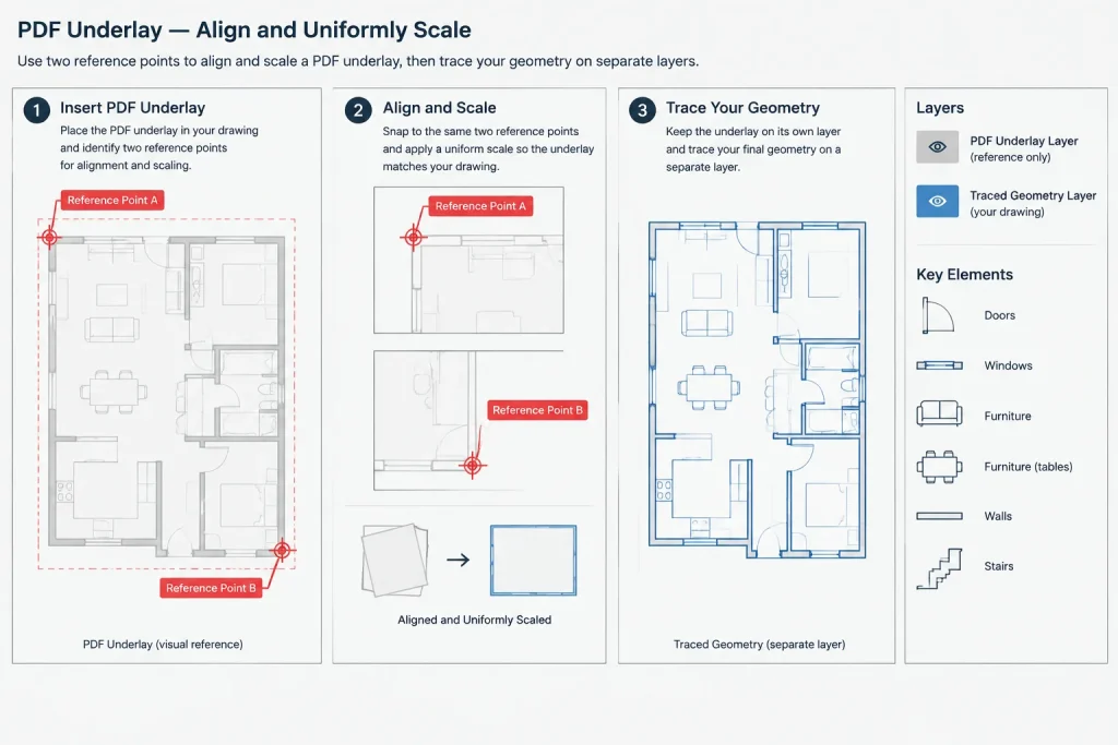 How to Trace and Verify a PDF Floor Plan Underlay in AutoCAD architectural CAD illustration