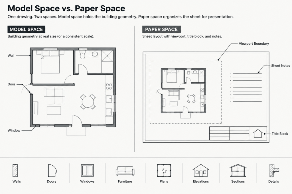 Model Space vs. Paper Space: A Practical Architectural CAD Sheet Workflow architectural CAD illustration