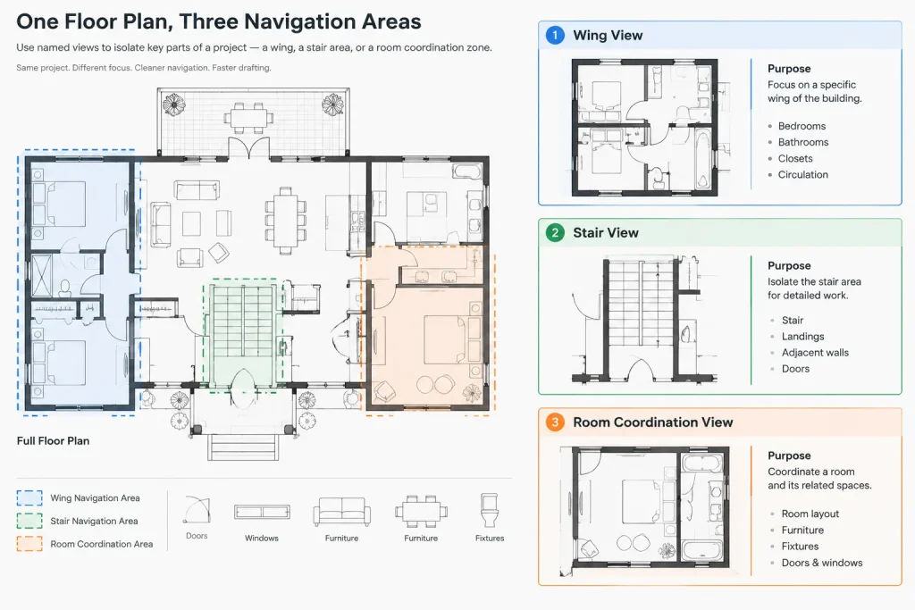 Named Views in Architectural CAD: A Practical Workflow for Navigating Large DWG Files architectural CAD illustration