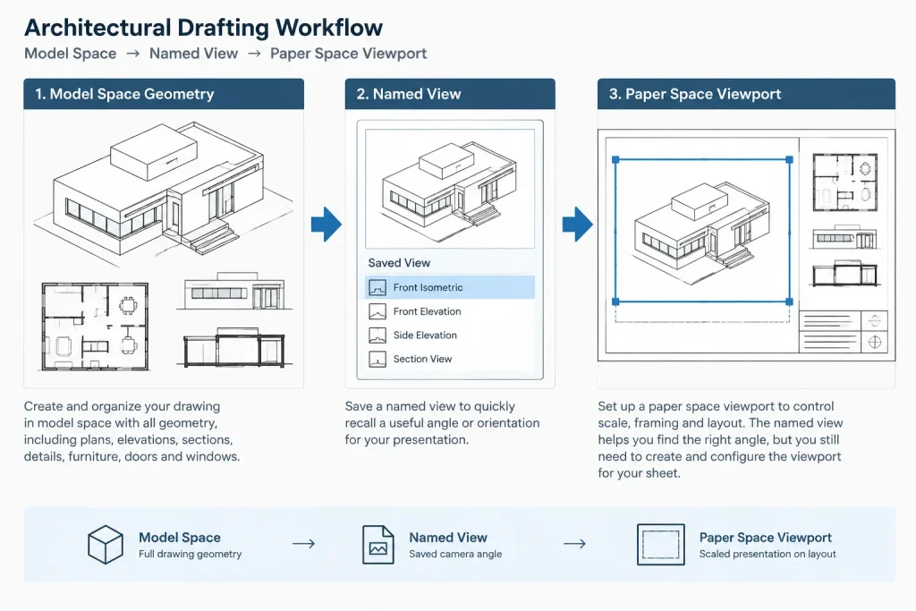 Named Views in Architectural CAD: A Practical Workflow for Navigating Large DWG Files architectural CAD illustration