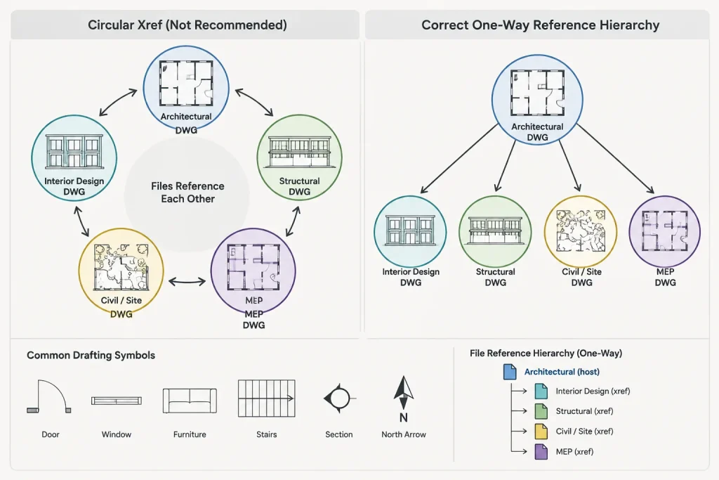 Nested Xrefs in AutoCAD: Attachment vs. Overlay for Architectural Drawings architectural CAD illustration