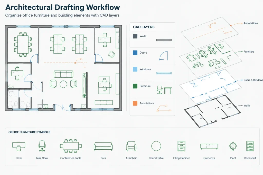 Office Furniture Sets DWG: Free AutoCAD Blocks for Workspace Design architectural CAD illustration