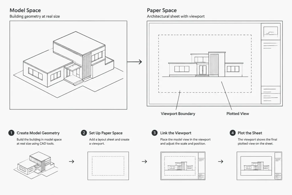 Paper Space Viewports in AutoCAD: Scale, Locking, and Sheet Coordination architectural CAD illustration