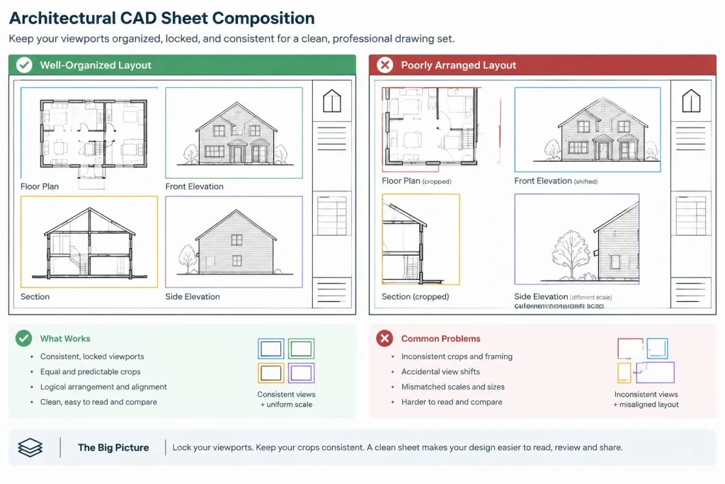 Paper Space Viewports in AutoCAD: Scale, Locking, and Sheet Coordination architectural CAD illustration