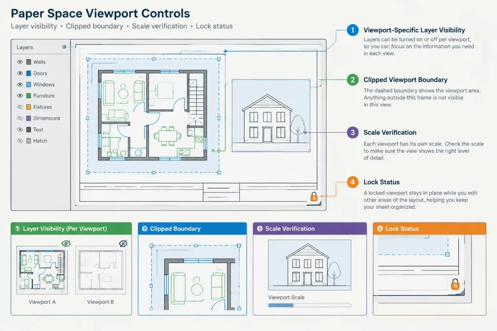 Paper Space Viewports in AutoCAD: Scale, Locking, and Sheet Coordination architectural CAD illustration