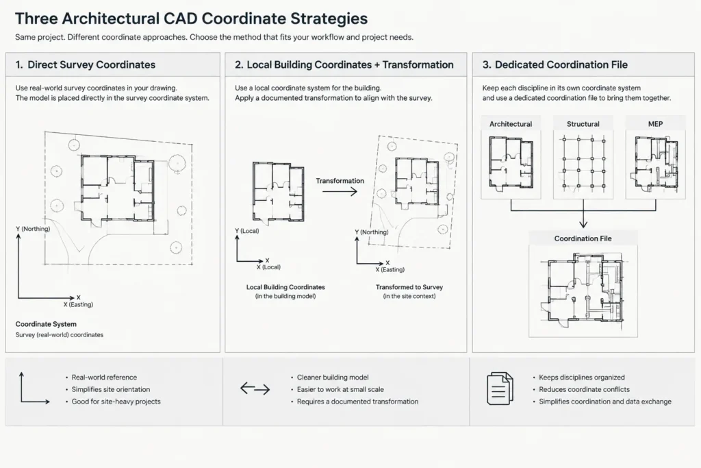 Project Origin and Coordinates in Architectural CAD: A Practical DWG Workflow architectural CAD illustration