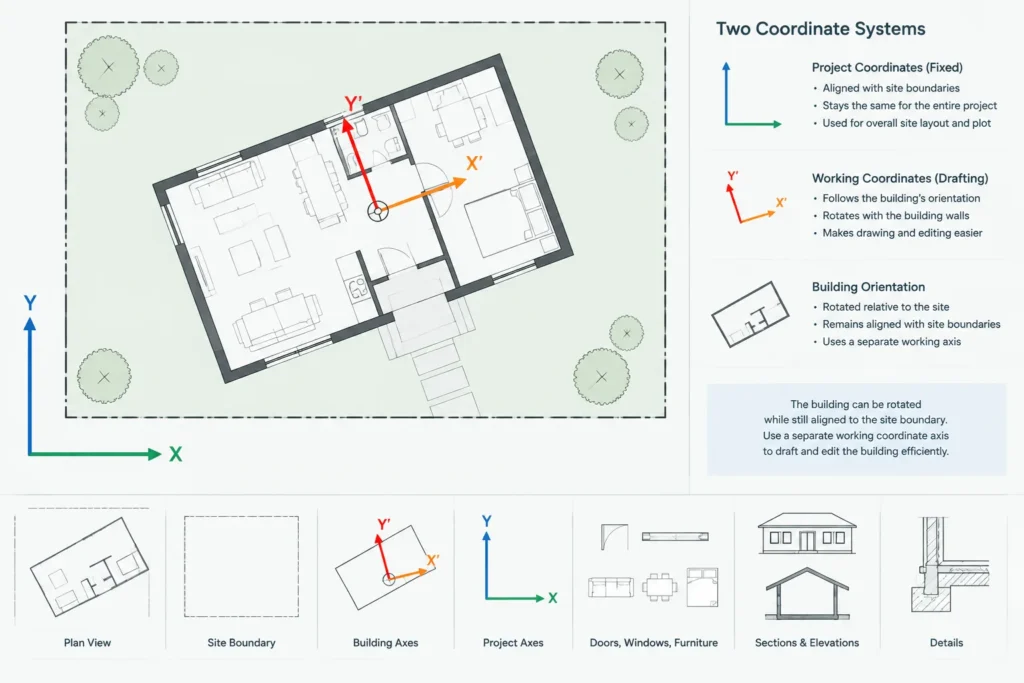 Project Origin and Coordinates in Architectural CAD: A Practical DWG Workflow architectural CAD illustration