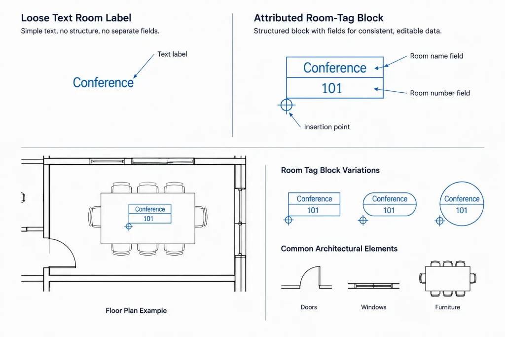 Room Numbering and Area Tags in Architectural CAD: A Coordination Workflow architectural CAD illustration