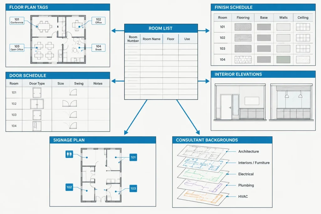 Room Numbering and Area Tags in Architectural CAD: A Coordination Workflow architectural CAD illustration