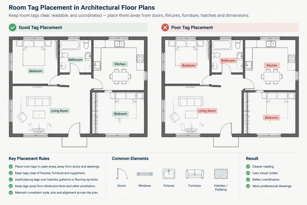 Room Tags and Area Boundaries in Architectural CAD: A Coordination Workflow architectural CAD illustration