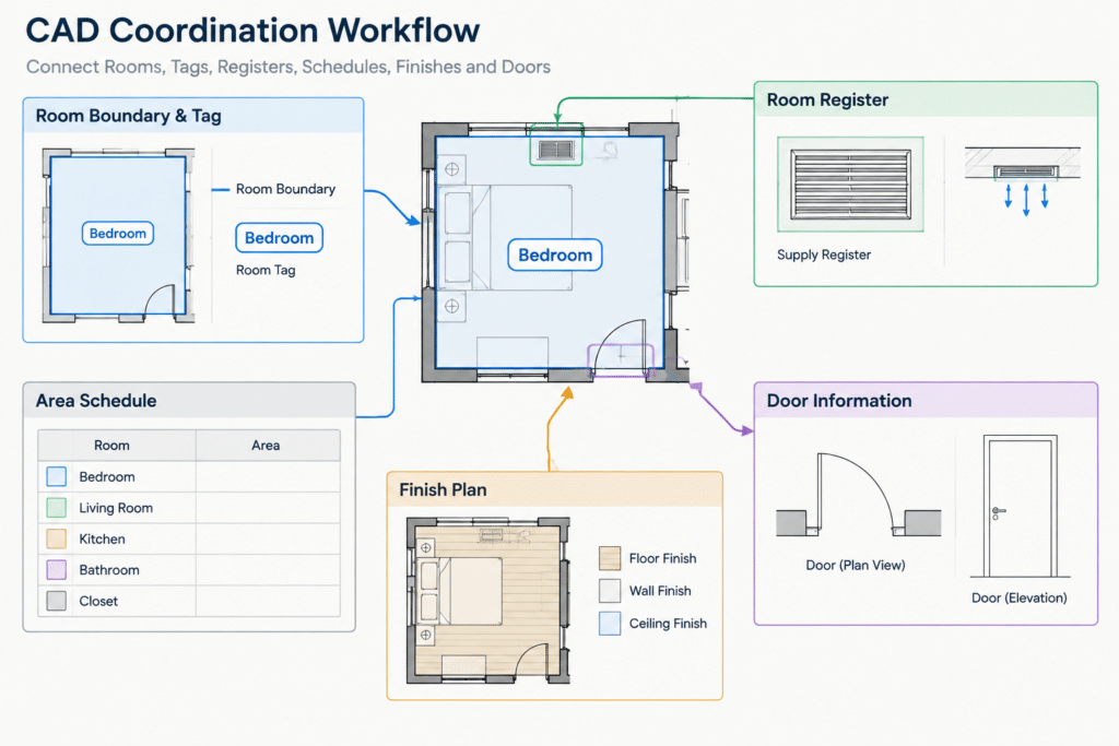 Room Tags and Area Boundaries in Architectural CAD: A Coordination Workflow architectural CAD illustration
