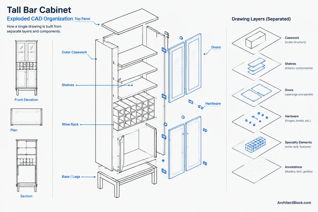 Tall Bar Cabinet CAD Block – Free AutoCAD DWG Download architectural CAD illustration
