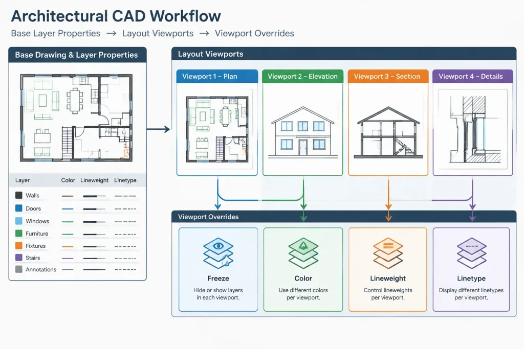 Viewport Layer Overrides in Architectural CAD: Control Graphics Without Changing the Model architectural CAD illustration