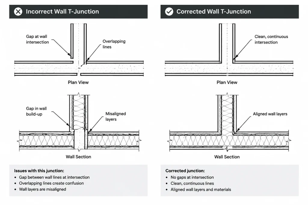 Wall Intersections in Architectural CAD: Corners, T-Junctions, and Clean Plan Graphics architectural CAD illustration