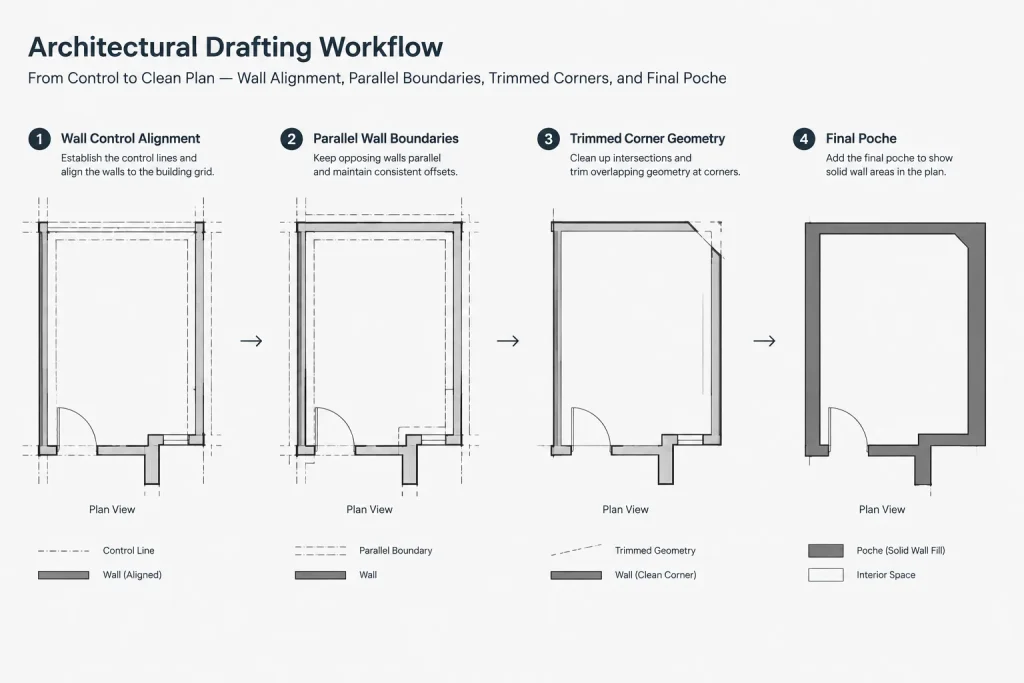 Wall Intersections in Architectural CAD: Corners, T-Junctions, and Clean Plan Graphics architectural CAD illustration