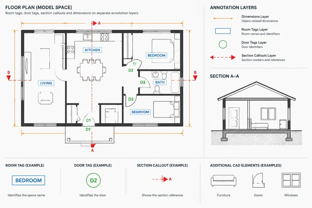 Where Should Architectural CAD Annotation Live? Model Space, Paper Space, and Hybrid Workflows architectural CAD illustration