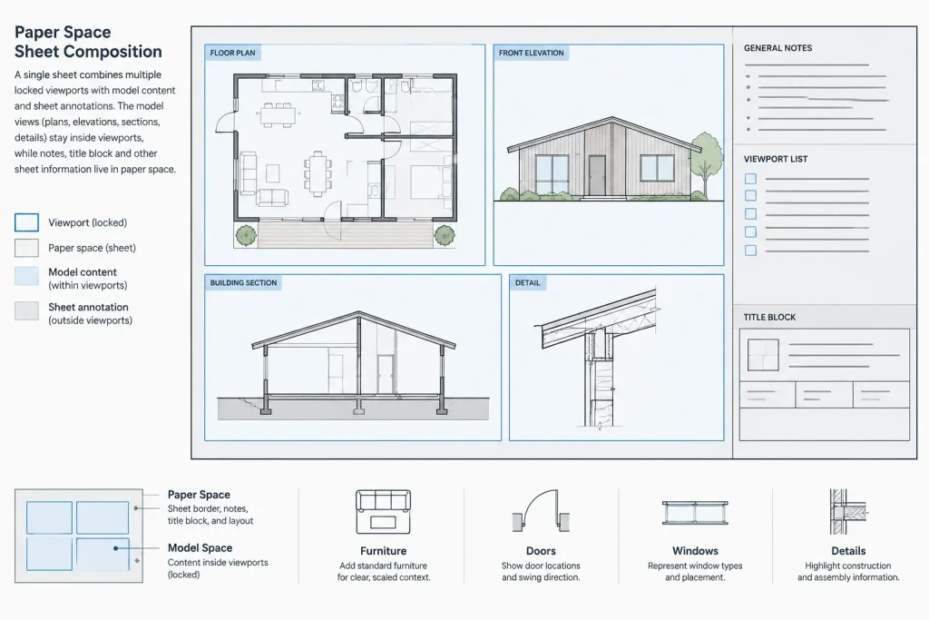 Where Should Architectural CAD Annotation Live? Model Space, Paper Space, and Hybrid Workflows architectural CAD illustration