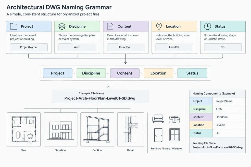 Architectural CAD File Naming and Version Control: A Practical DWG Workflow architectural CAD illustration