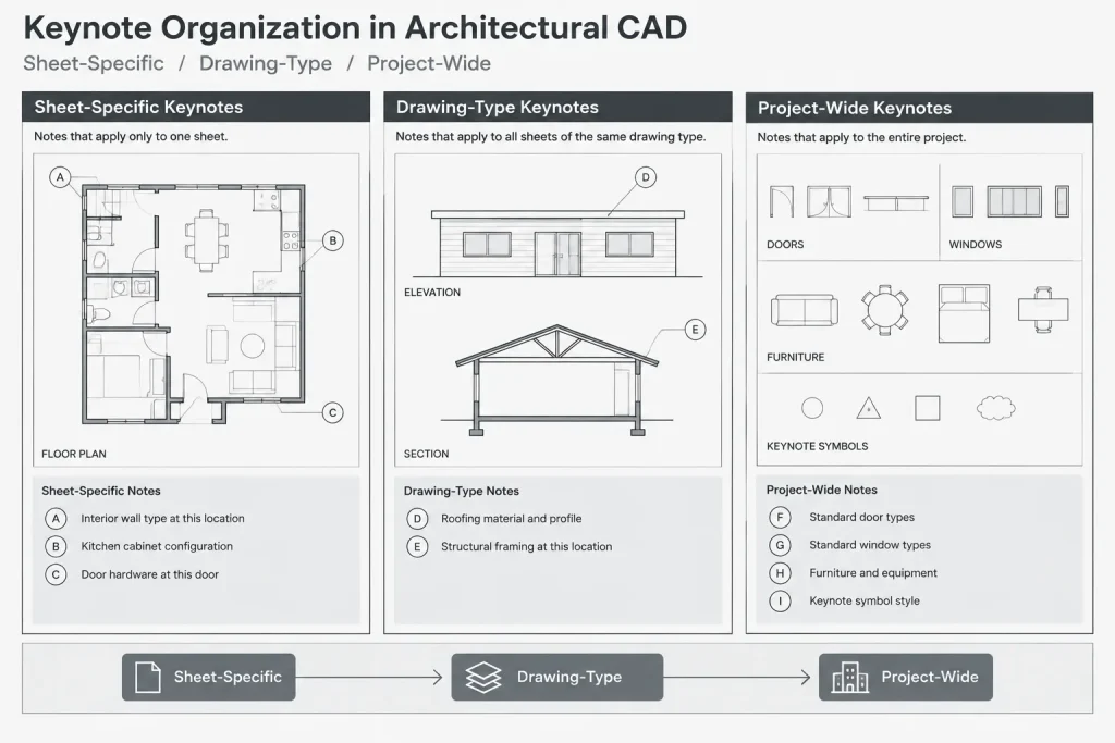 Architectural Keynotes in CAD: A Practical Note Coordination Workflow architectural CAD illustration
