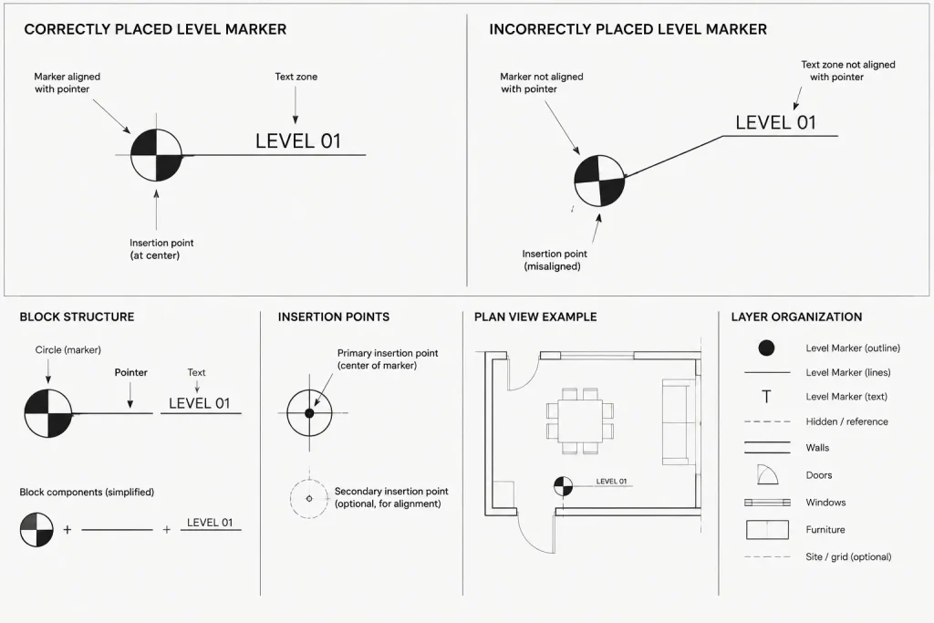Architectural Level Datums in CAD: Coordinating Plans, Sections, and Elevations architectural CAD illustration