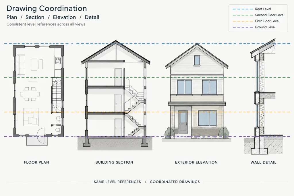 Architectural Level Datums in CAD: Coordinating Plans, Sections, and Elevations architectural CAD illustration