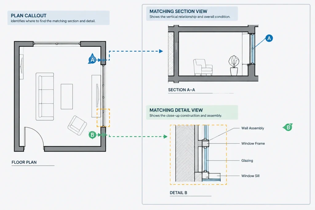 Architectural Section and Detail Callouts in CAD: A Reliable Reference Coordination Workflow architectural CAD illustration