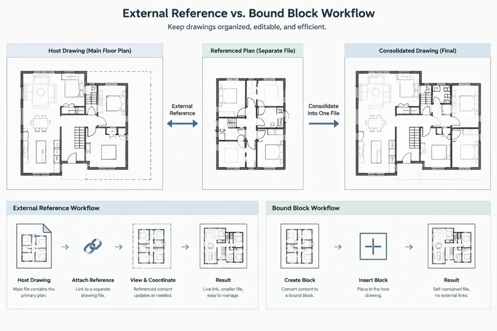 Binding Xrefs in AutoCAD: Bind vs. Insert for Architectural DWG Files architectural CAD illustration