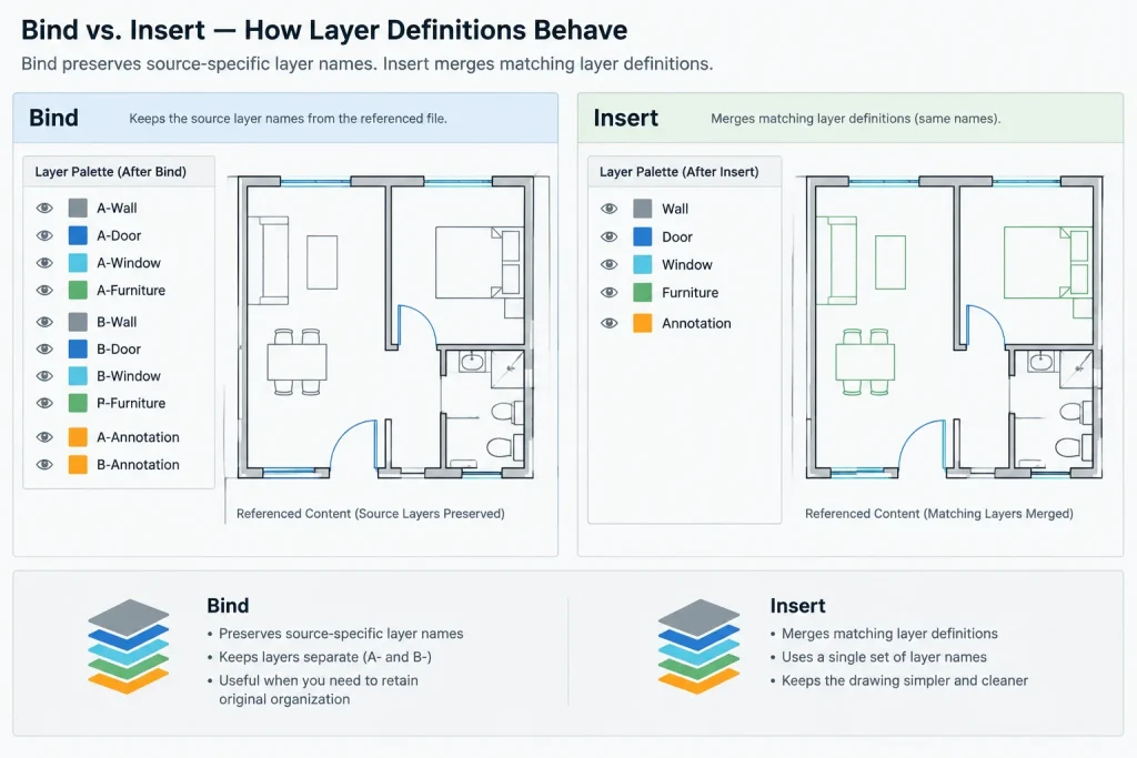Binding Xrefs in AutoCAD: Bind vs. Insert for Architectural DWG Files architectural CAD illustration