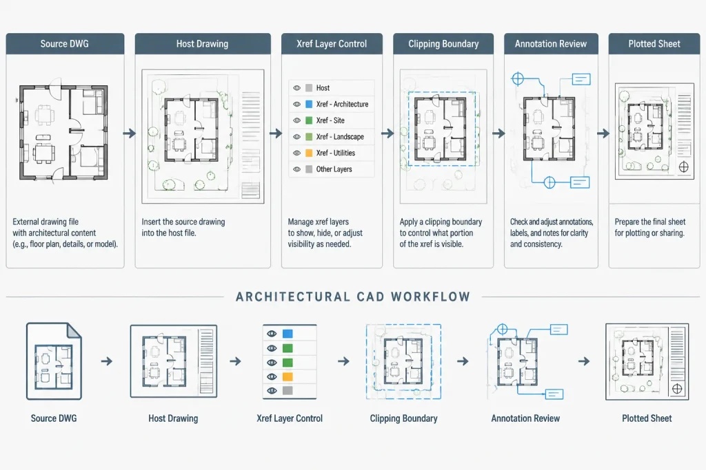 Clipping Xrefs in AutoCAD: A Practical Architectural CAD Workflow architectural CAD illustration