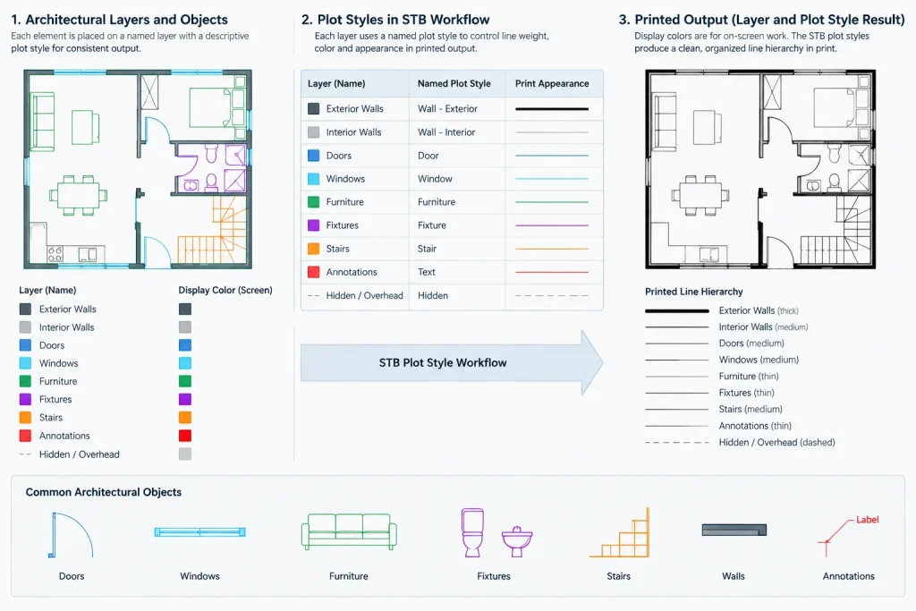 CTB vs. STB Plot Styles in Architectural CAD: Choosing and Managing a Reliable Workflow architectural CAD illustration