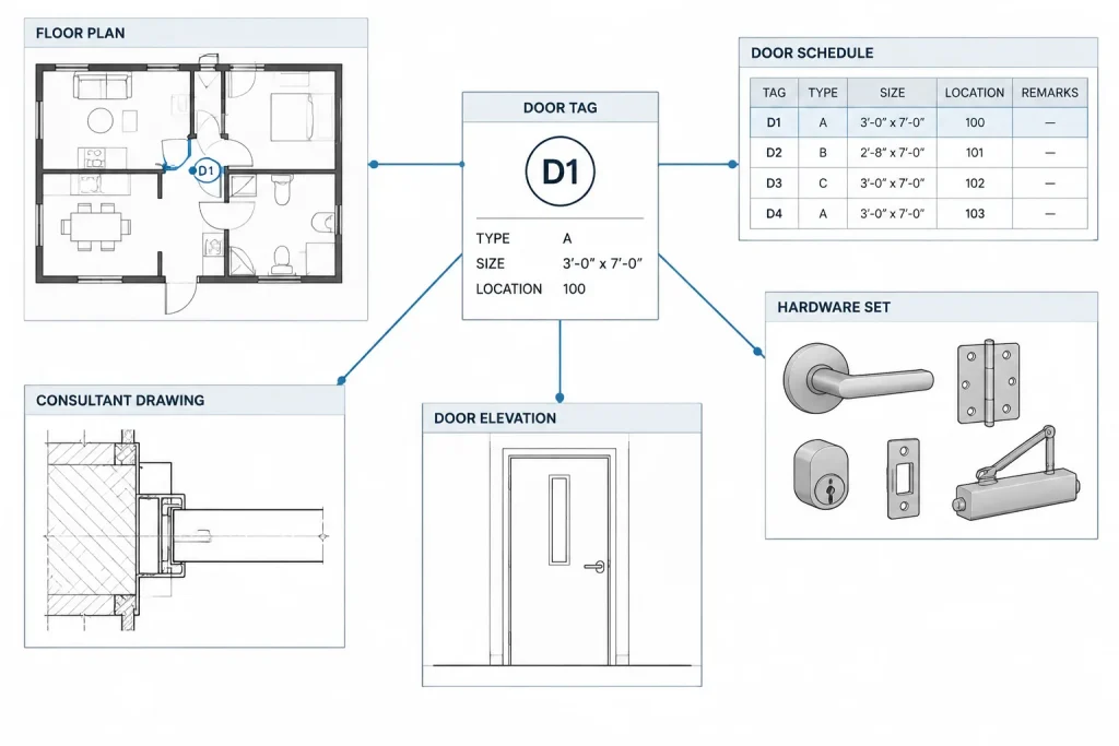 Door Hardware Coordination in Architectural CAD: A Plan-to-Schedule Workflow architectural CAD illustration