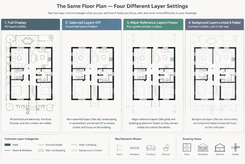Freeze, Off, Lock, and Isolate: Architectural CAD Layer Visibility Controls Explained architectural CAD illustration