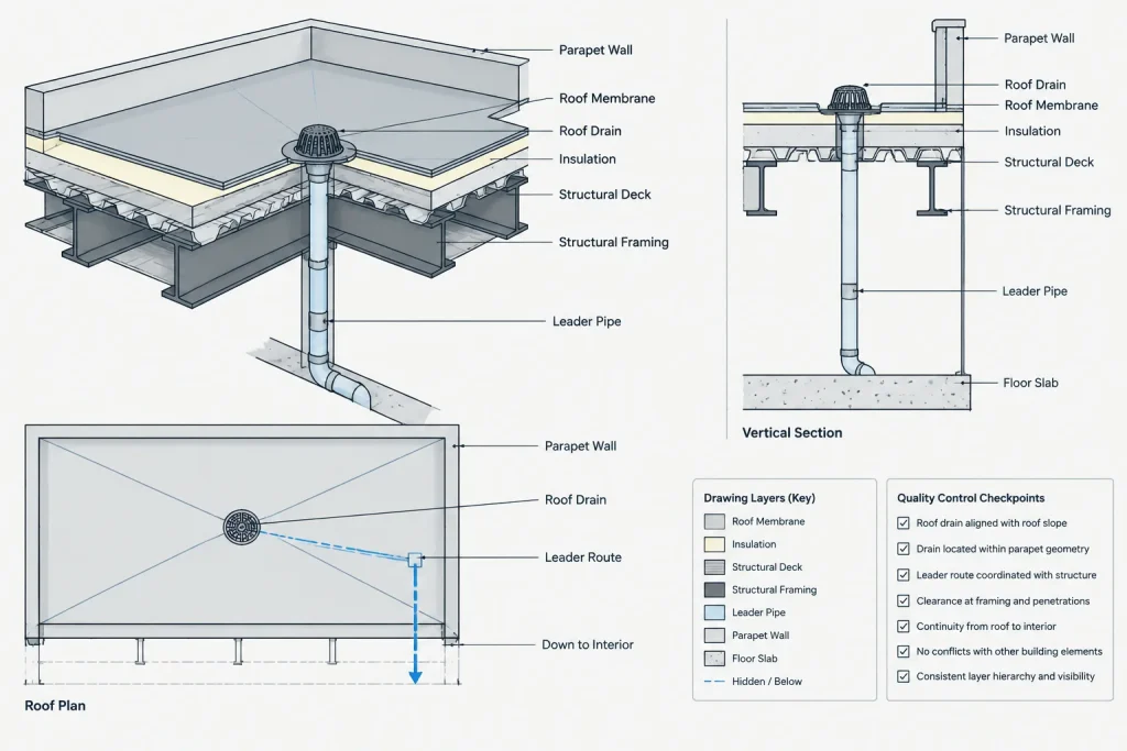 How to Draft and Coordinate Roof Drainage in Architectural CAD architectural CAD illustration