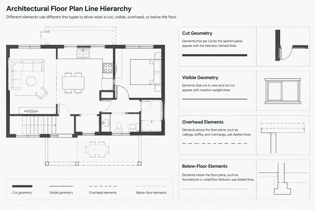 How to Show Elements Above and Below in Architectural Floor Plans architectural CAD illustration