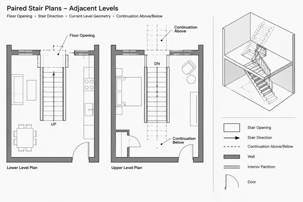 How to Show Elements Above and Below in Architectural Floor Plans architectural CAD illustration