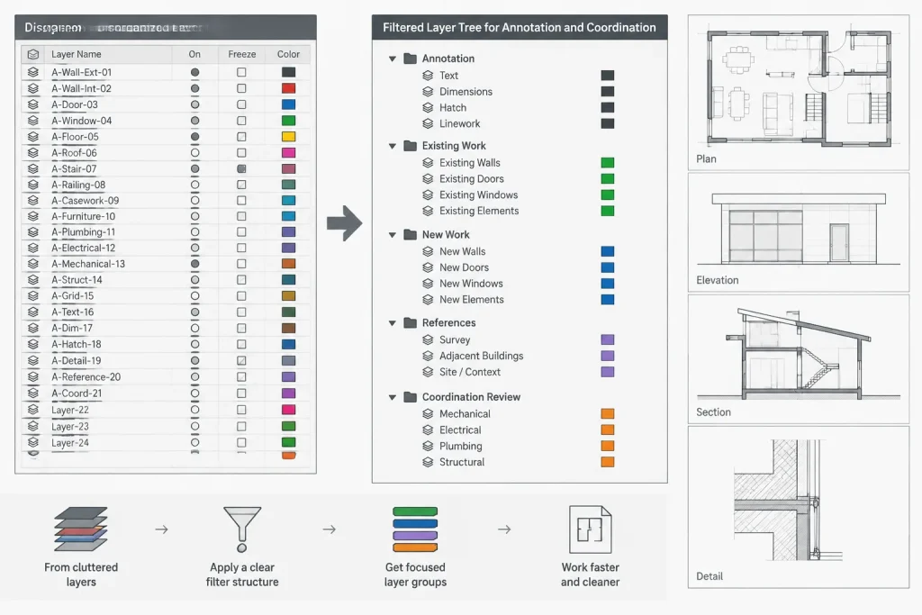 Layer Filters in AutoCAD: Organizing Complex Architectural Layer Lists architectural CAD illustration
