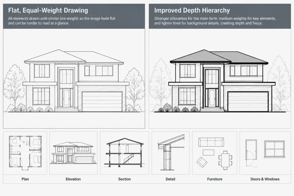 Lineweight Hierarchy for Architectural Elevations and Sections in CAD architectural CAD illustration