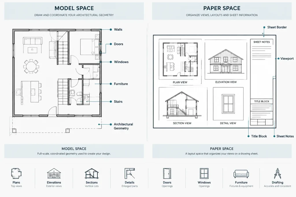 Model Space vs. Paper Space in Architectural CAD: Where Drawing Content Belongs architectural CAD illustration