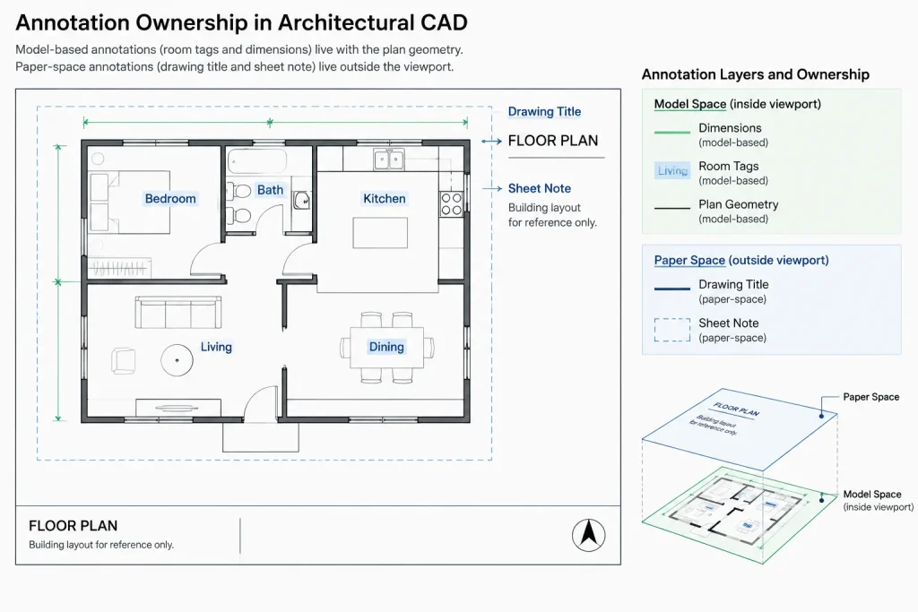 Model Space vs. Paper Space in Architectural CAD: Where Drawing Content Belongs architectural CAD illustration