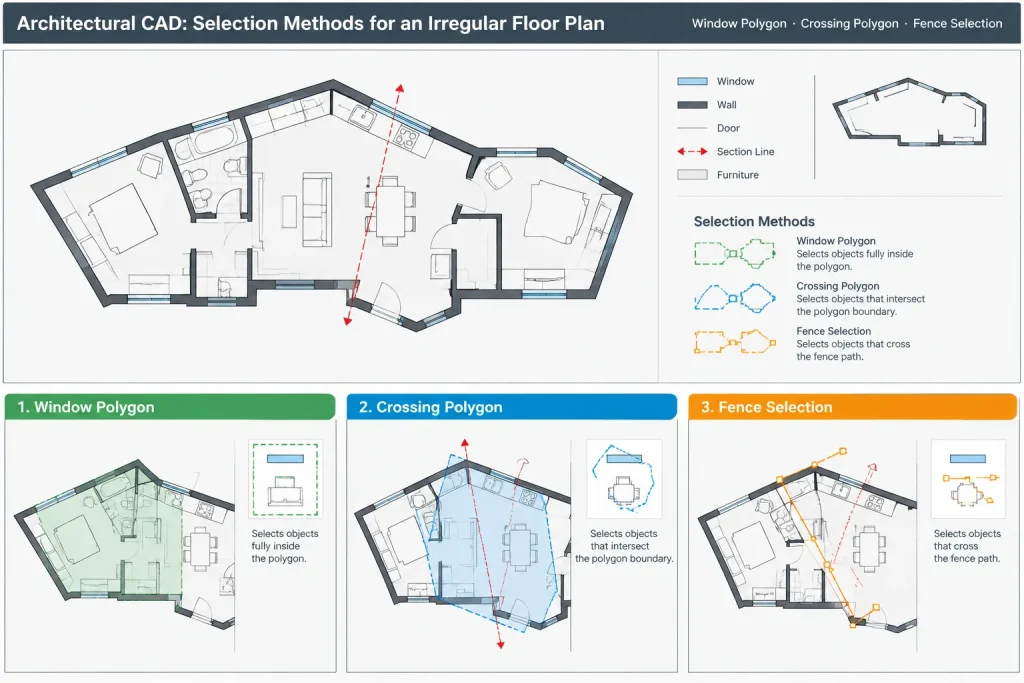 Object Selection in AutoCAD for Architectural Drawings: Windows, Filters, and Verification architectural CAD illustration