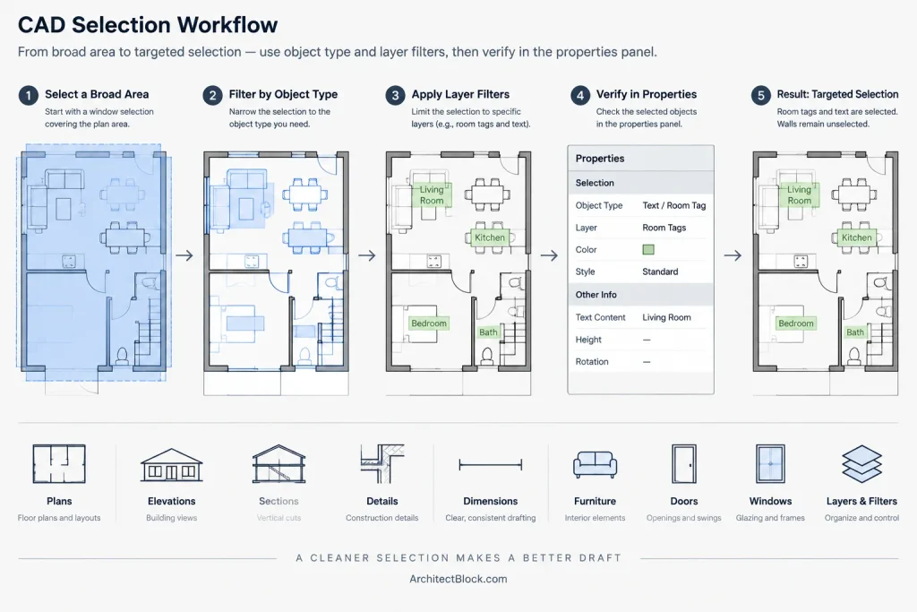 Object Selection in AutoCAD for Architectural Drawings: Windows, Filters, and Verification architectural CAD illustration