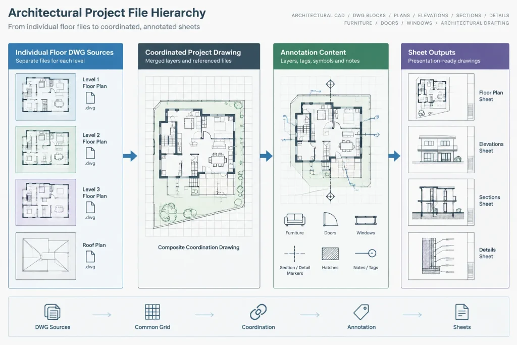 One Floor per DWG or Multiple Floors? Organizing Multistory Architectural CAD Files architectural CAD illustration