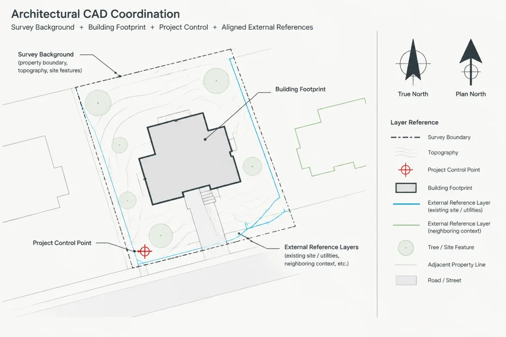 Plan North, True North, and View Rotation in Architectural CAD architectural CAD illustration